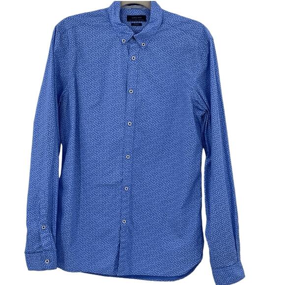 Zara Man Blue White Floral Slim Fit Long Sleeve Button-Down Shirt Size Medium - Picture 1 of 10